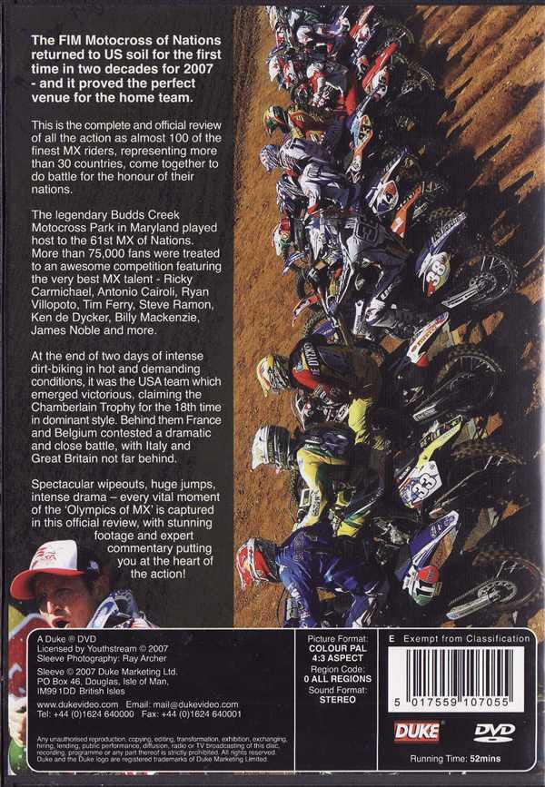 MX of Nations 2007 DVD case back with motocross rider, barcode label and specs