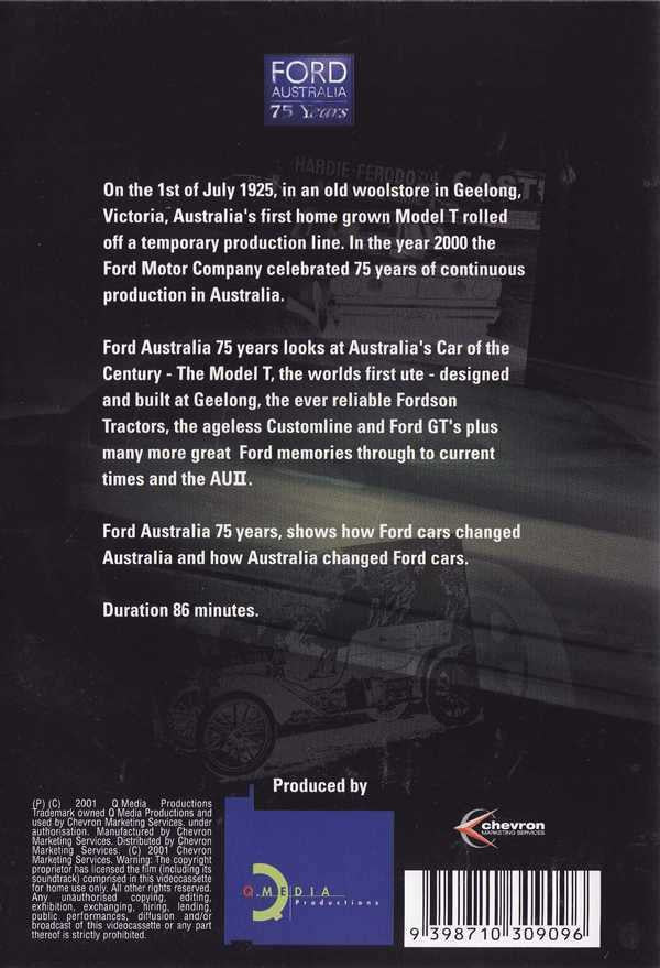 Ford Australia 75 Years DVD back cover with description text and barcode