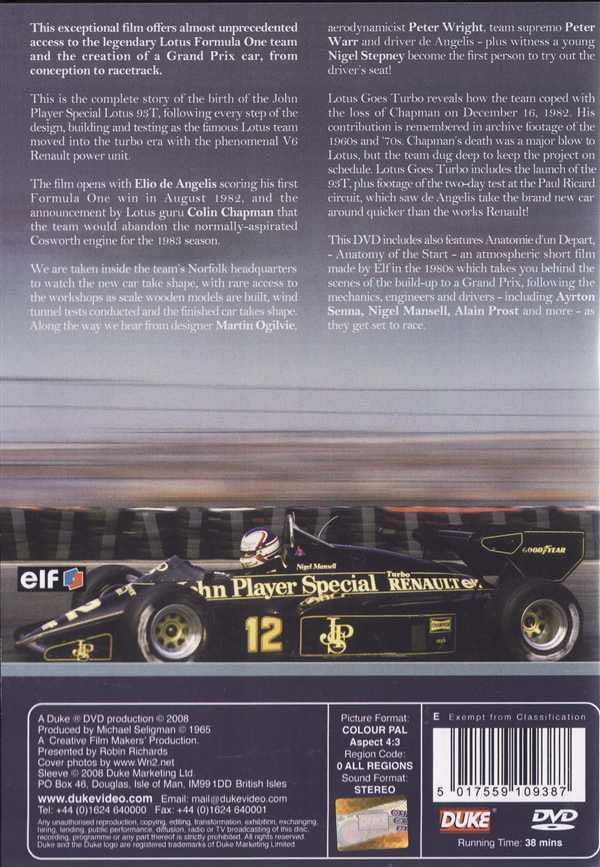 Back of racing DVD case with car photo, info text blocks, and barcode