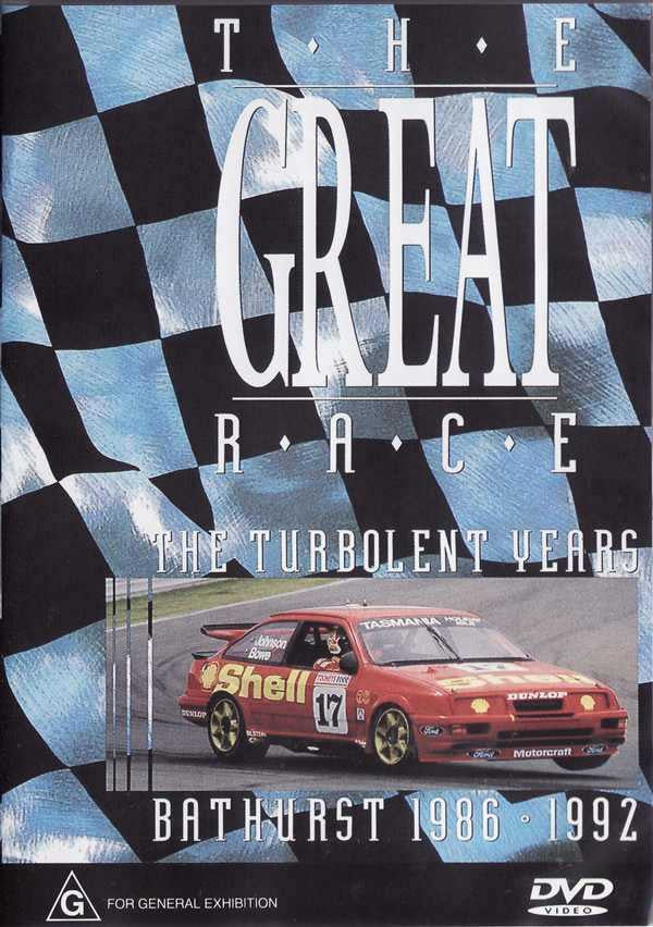 Racing DVD case front with checker pattern, Great Race title, red Bathurst car photo
