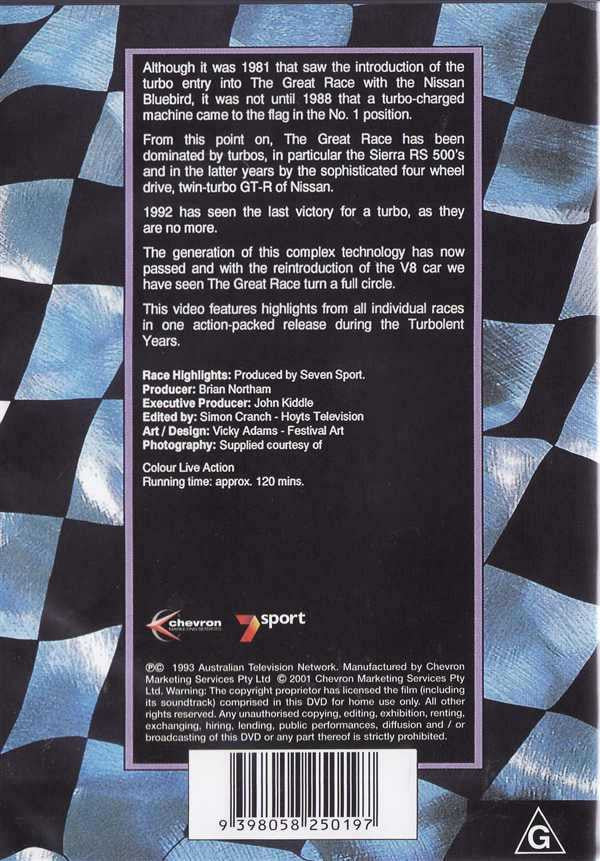 Racing DVD case back cover with text block, barcode, and Chevrolet Sport logo