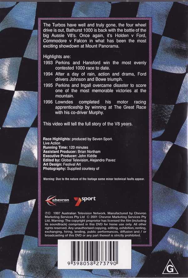 Racing DVD back cover with synopsis, specs, barcode, and logo details.