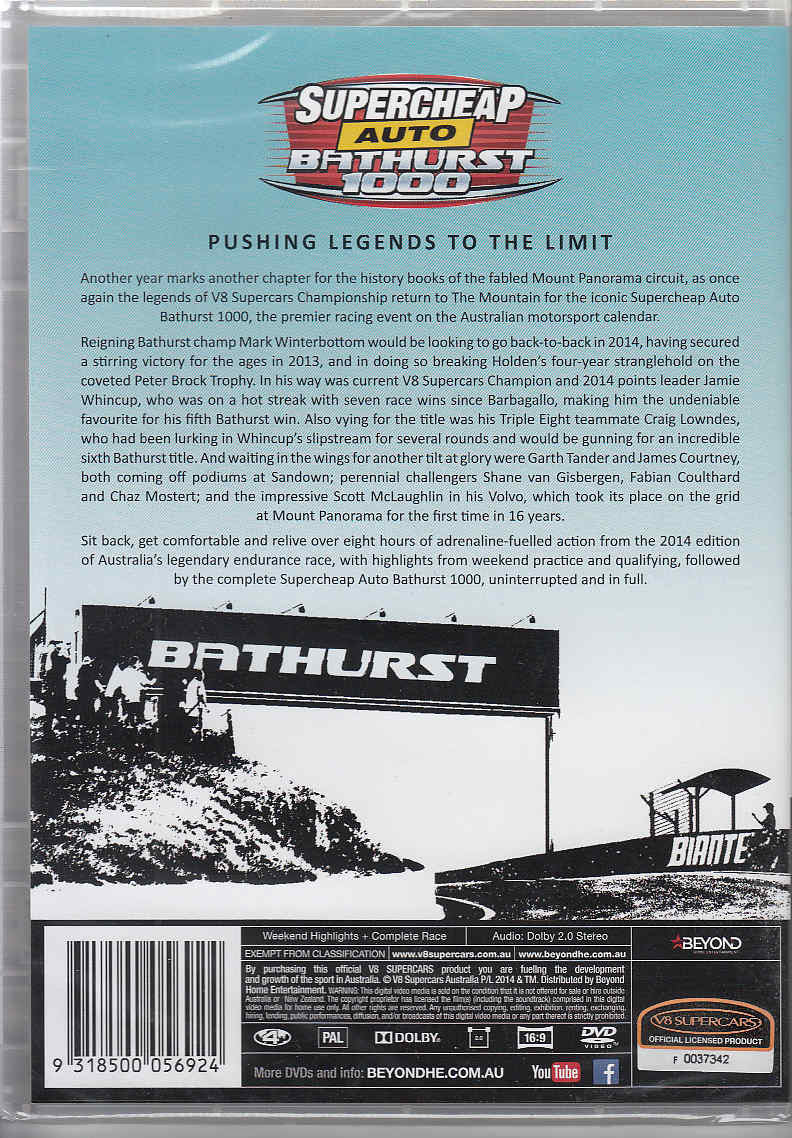 Supercheap Auto Bathurst 1000 V8 Supercars - 2014 Complete Race DVD (4 disc set) Back Cover