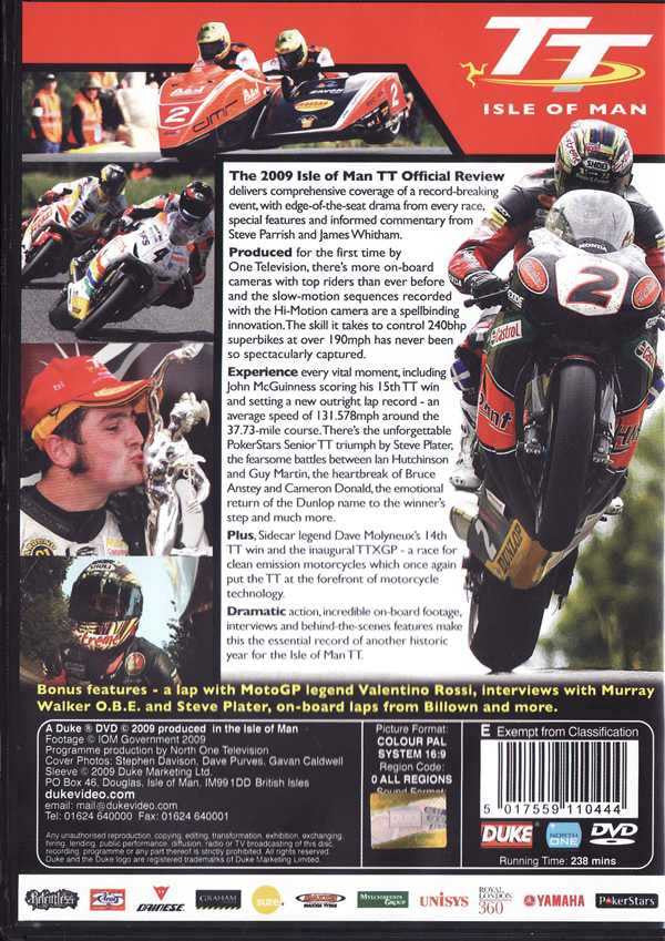 Motorcycle racing DVD back cover with rider and bike, Isle of Man TT 2009 text