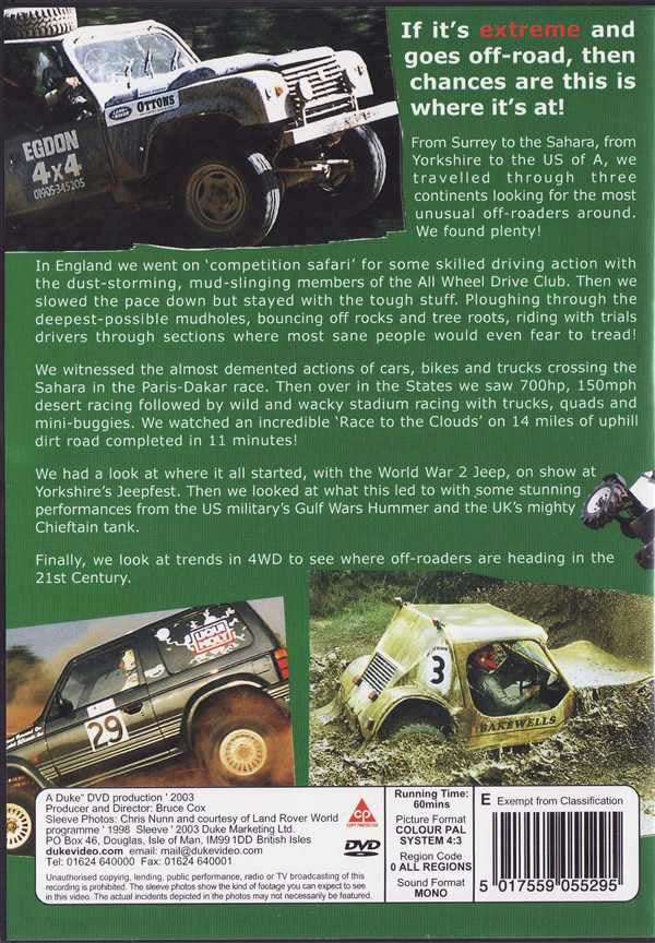 Off-road adventure DVD back cover with off-road vehicle photo and dense description text