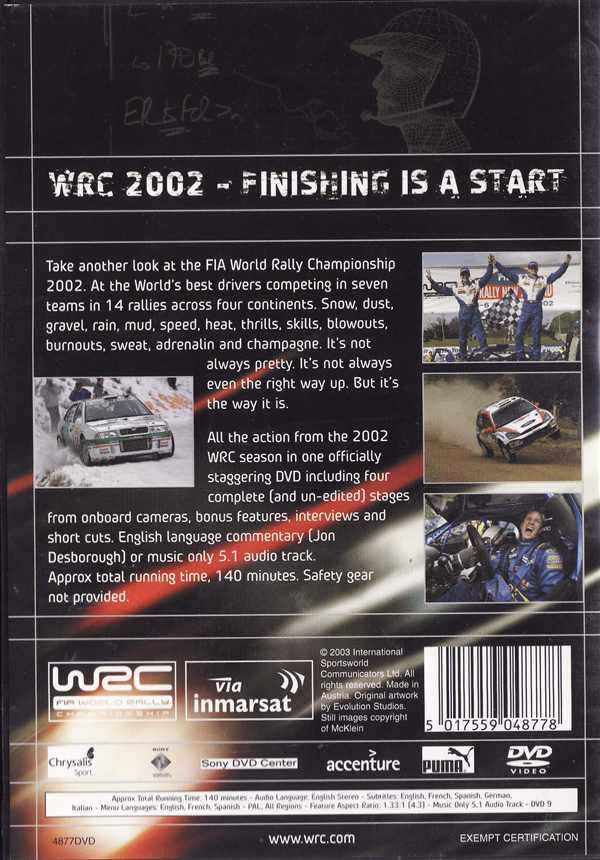 Rally championship DVD back cover with synopsis text and car action photos