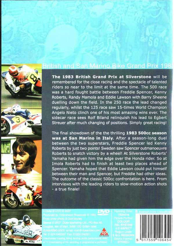 Bike Grand Prix 1983 DVD back cover with racing photo collage, track summary, barcode