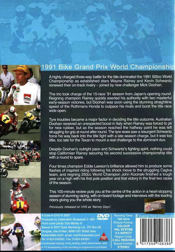 DVD back cover with racing action photos and 1991 Bike Grand Prix World Championship text