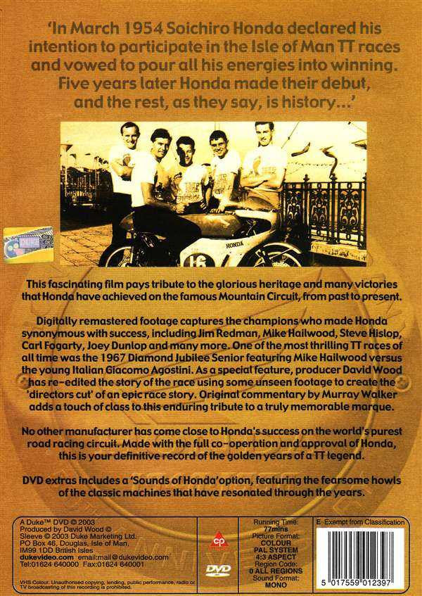 Honda TT Golden Years DVD back cover with racing team photo, text, barcode