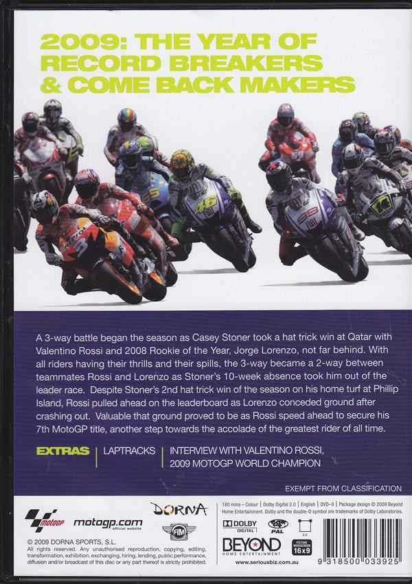 MotoGP 2009 official review DVD cover with multiple racing motorcycles and riders