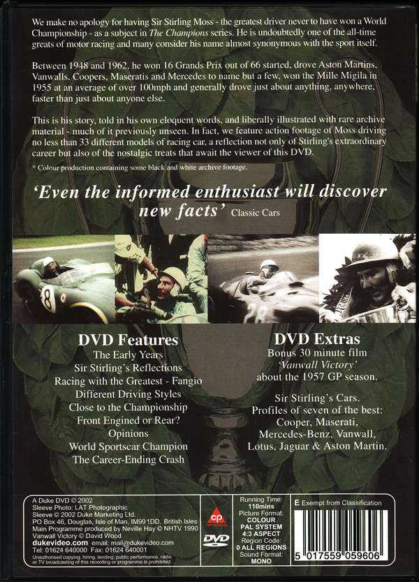 Champion Moss DVD back cover with race career summary and DVD features details