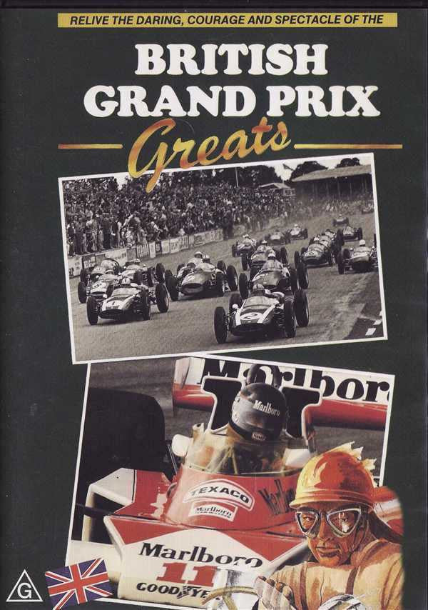 British Grand Prix Greats DVD cover collage with racing cars and Union Jack flag