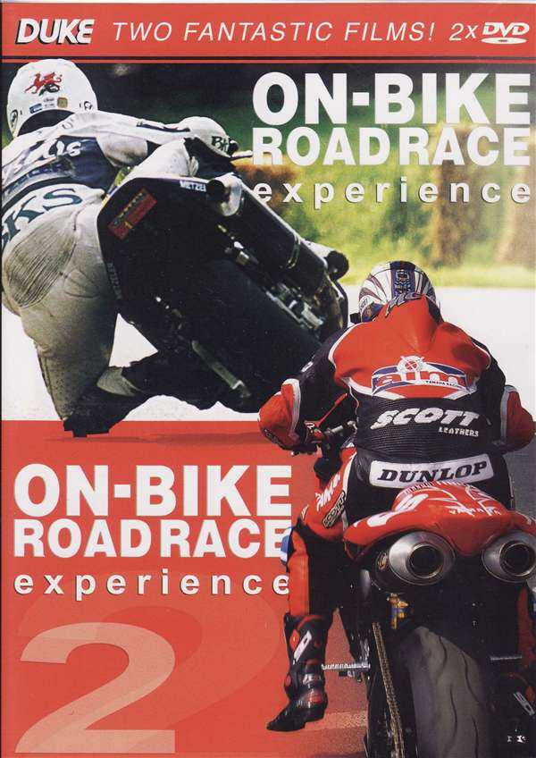 DVD front cover with two motorcycle racers, helmeted riders, On-Bike Road Race Experience