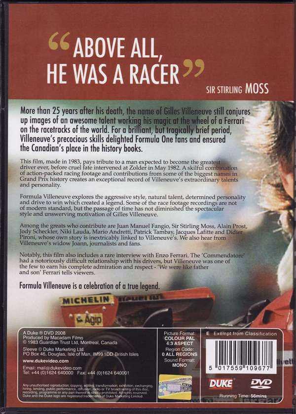 Formula Villeneuve DVD back cover with driver credits and synopsis.
