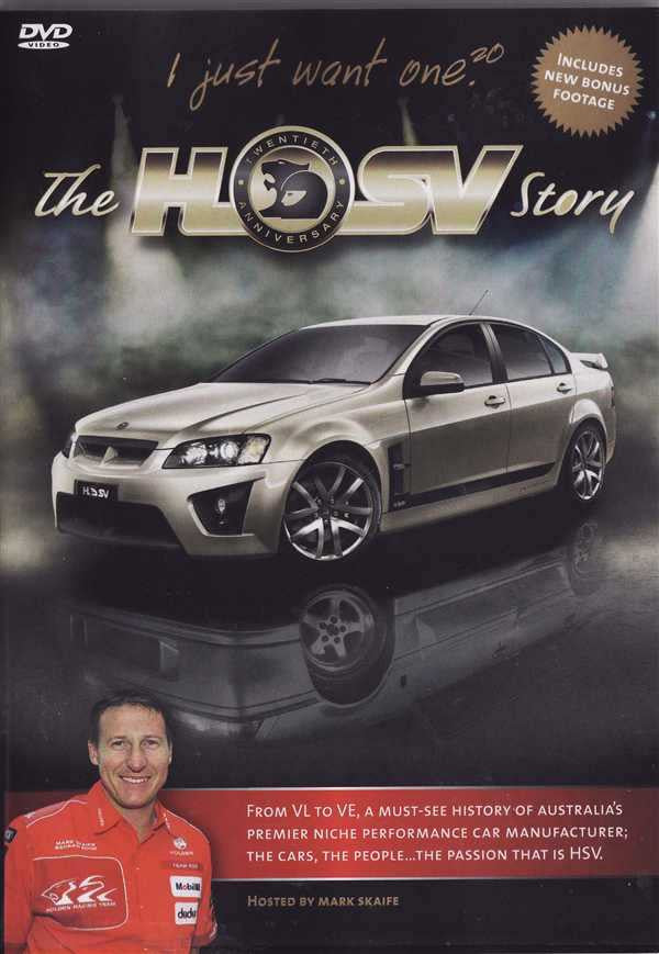 DVD cover with gray sports car, The HSV Story title, and host portrait