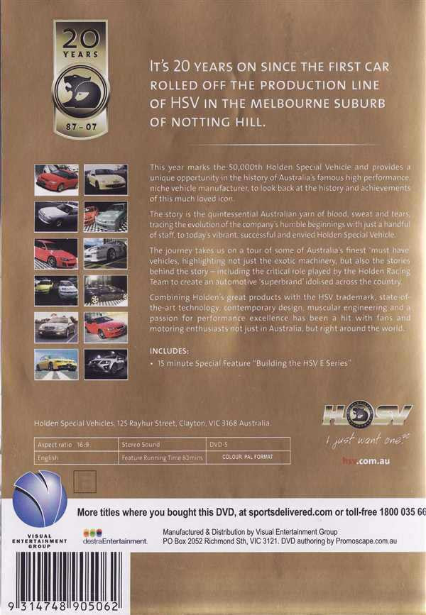 DVD back cover with '20 years' HSV sticker and small car photo grid