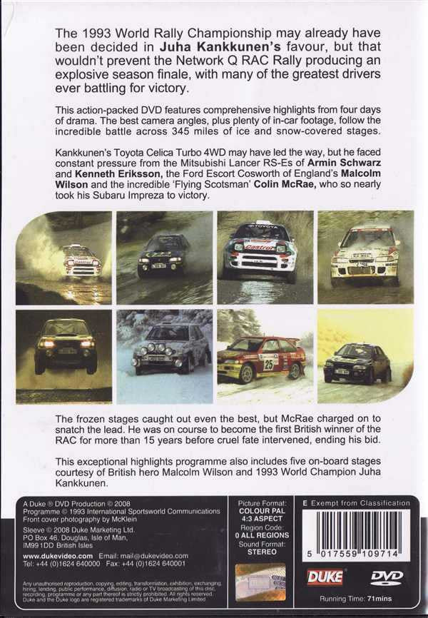 RAC 1993 World Rally Championship DVD back cover with stage photos and info text