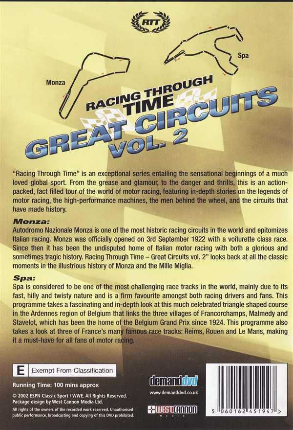 Racing Through Time Great Circuits Vol. 2 DVD back cover with circuit map and text