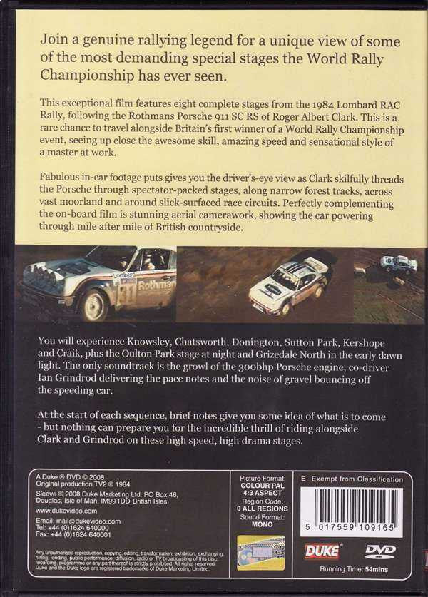 Racing documentary DVD case back with car action photos and descriptive text block