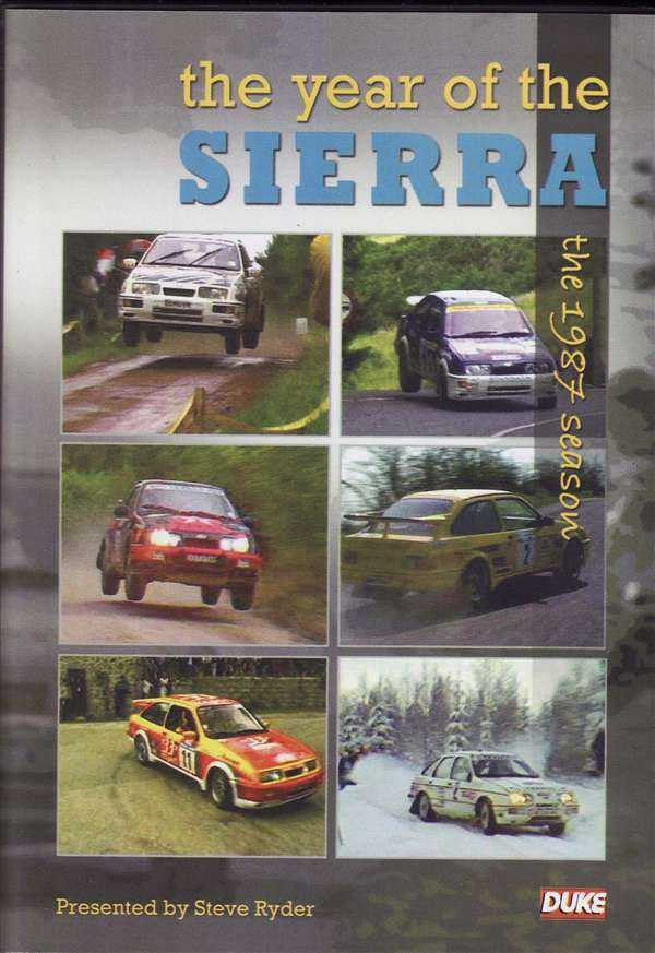 Racing DVD case cover with “the year of the Sierra” title and montage of rally cars