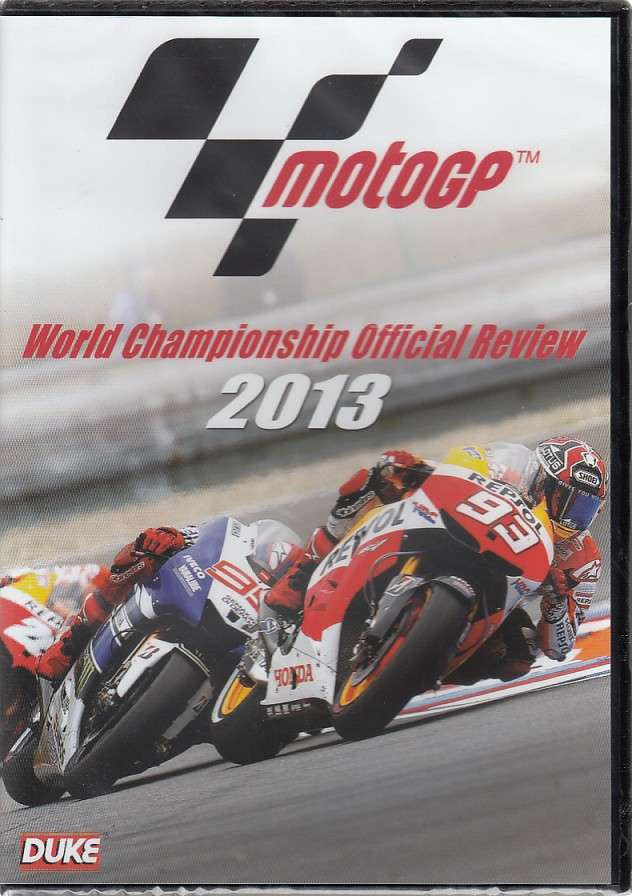 MotoGP 2013 DVD cover with race bikes, logo, and 'World Championship Official Review'