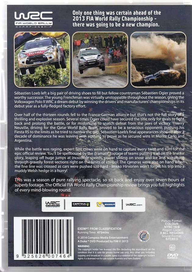 FIA World Rally Championship 2013 DVD set, back cover with racing car photos