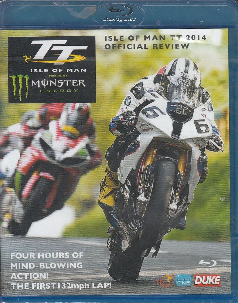 Blu-ray case cover with motorcycle racer in black and white gear, Isle of Man TT 2014 artwork