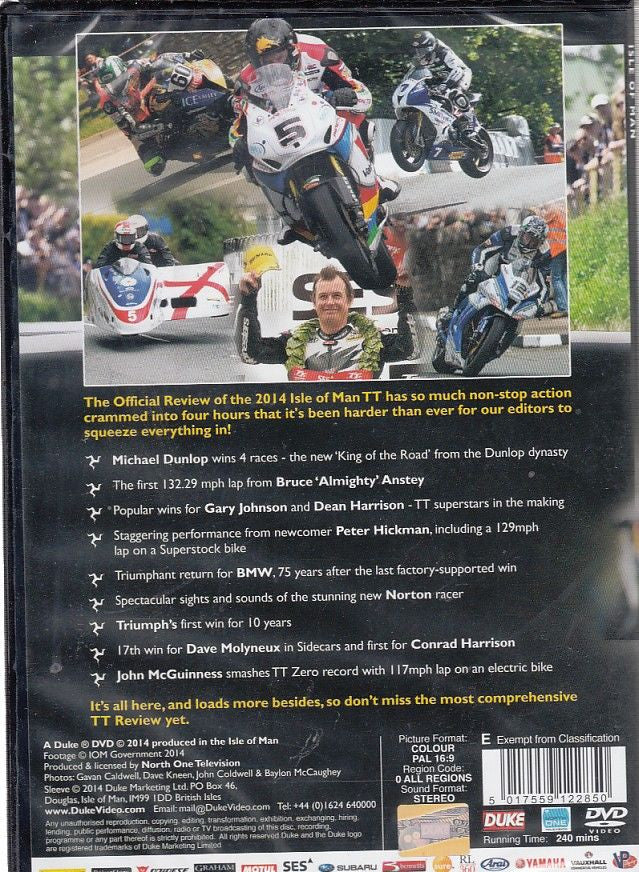 Isle of Man TT 2014 Official Review DVD back cover with motorcycle racing collage and text