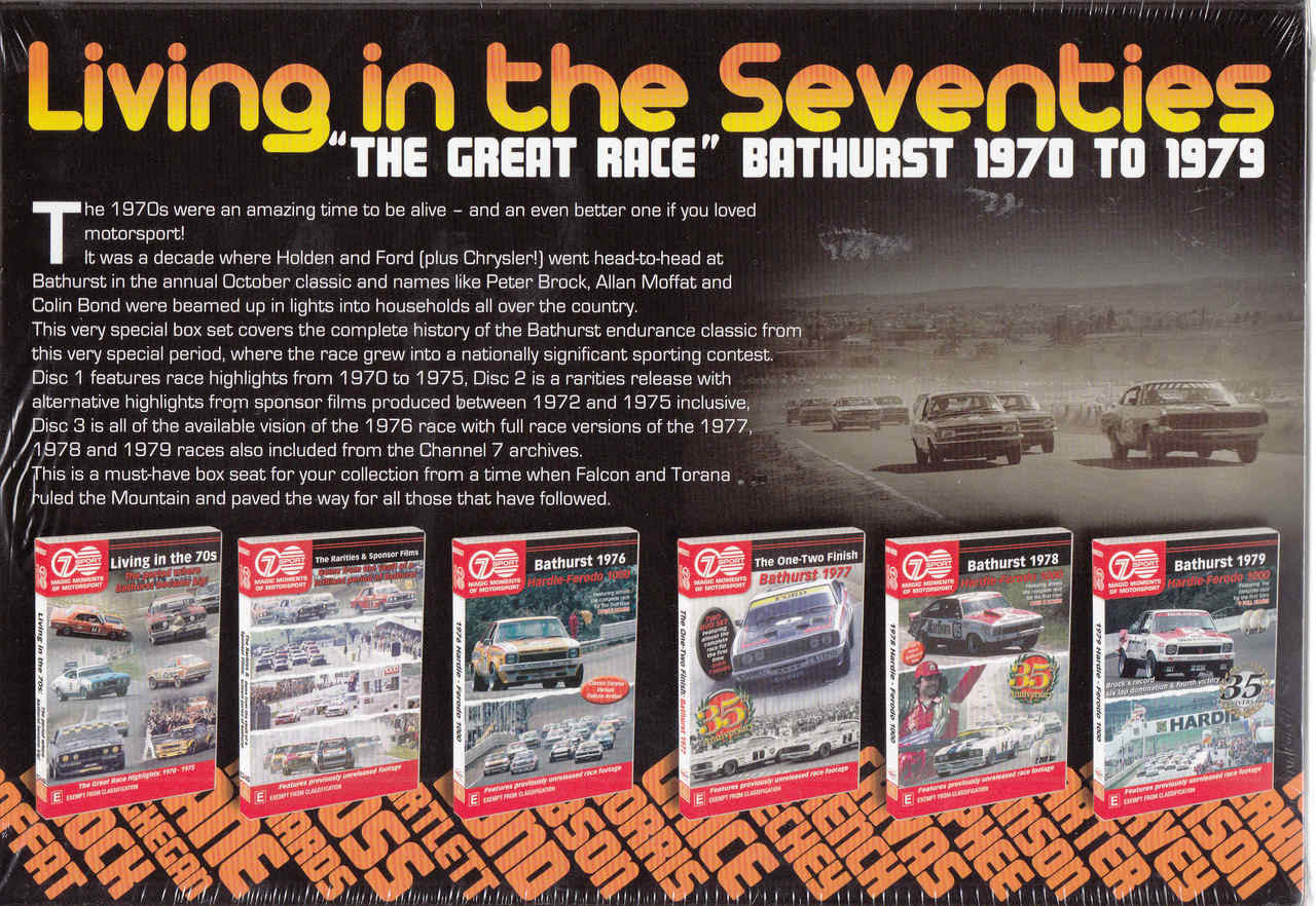 DVD box set back with race cars and disc listings for 1970–1979