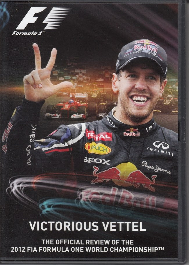 Formula One DVD front cover with Vettel in cap, F1 logo, racing cars