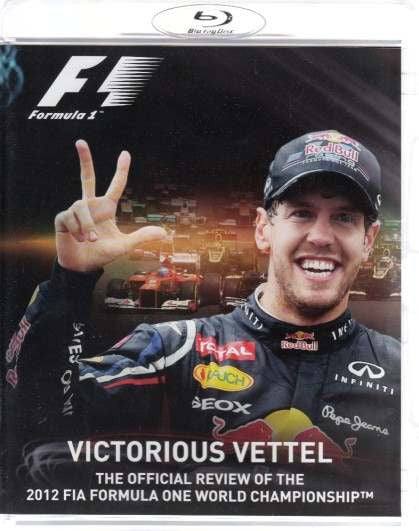 Blu-ray front cover with smiling driver in Red Bull cap and 'Victorious Vettel' text