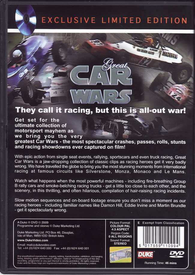 Great Car Wars DVD back cover with racing description text and limited edition badge