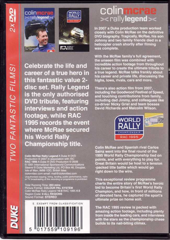 Two-disc DVD set back cover with rally legend overview and car action photo
