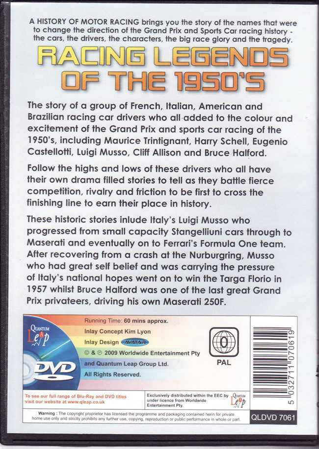 DVD back cover with Racing Legends of the 1950s title and synopsis text