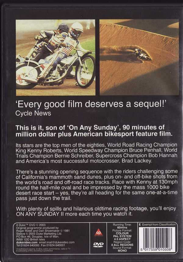 DVD case back cover with motorcycles, credits text, and rating logos