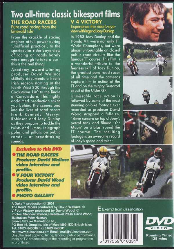 Road Racers and V Four Victory DVD back cover with motorcycle stills and details