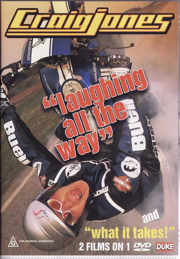 Motorcycle racing DVD cover showing rider on bike with large slogan and badges