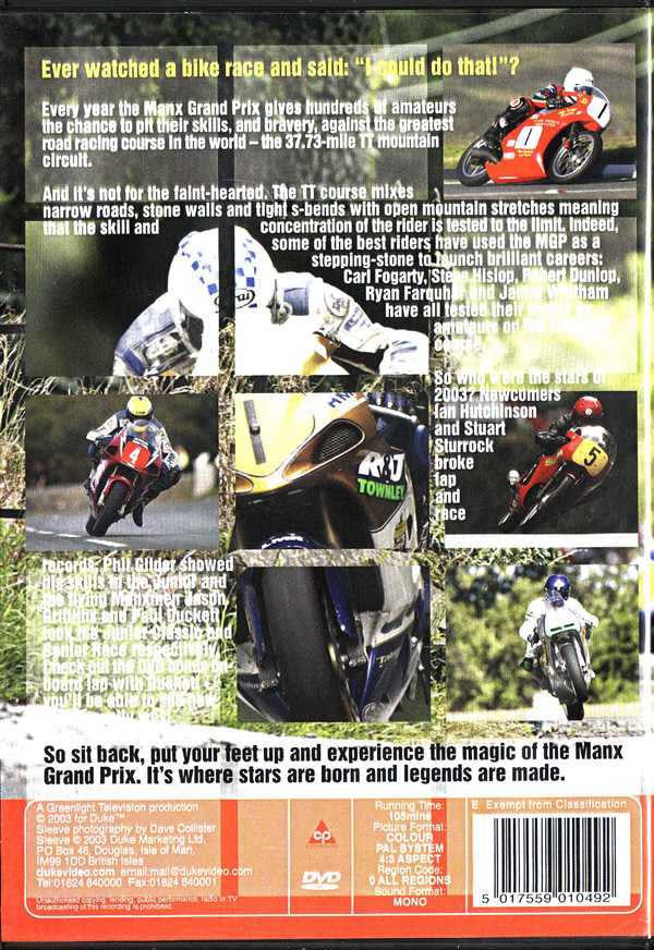 MGP Manx Grand Prix 2003 DVD back cover with motorcycle race photos and text