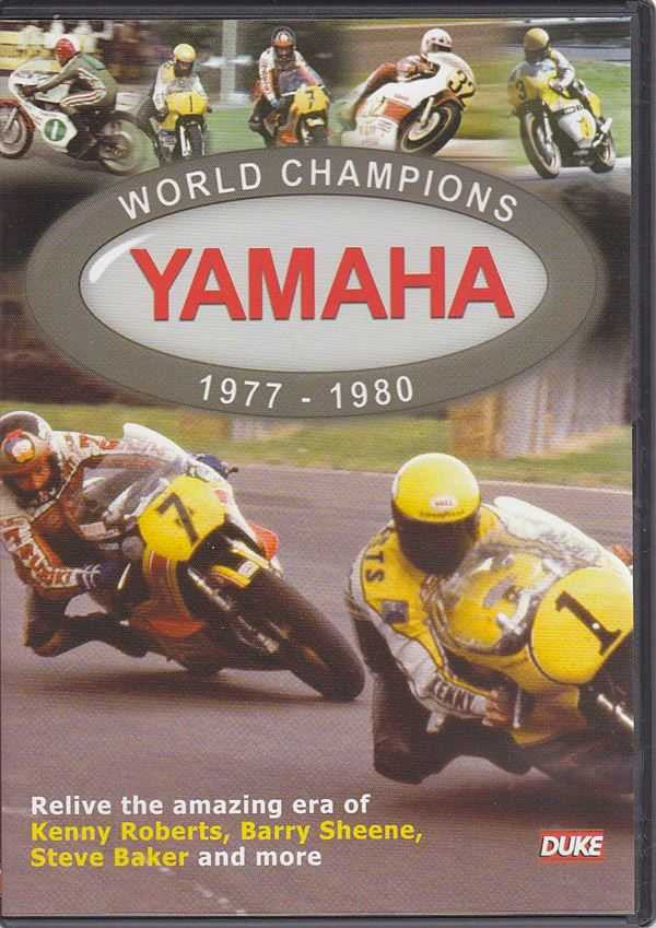 Motorsport DVD front cover with Yamaha logo, world champions banner, 1977–1980 racers