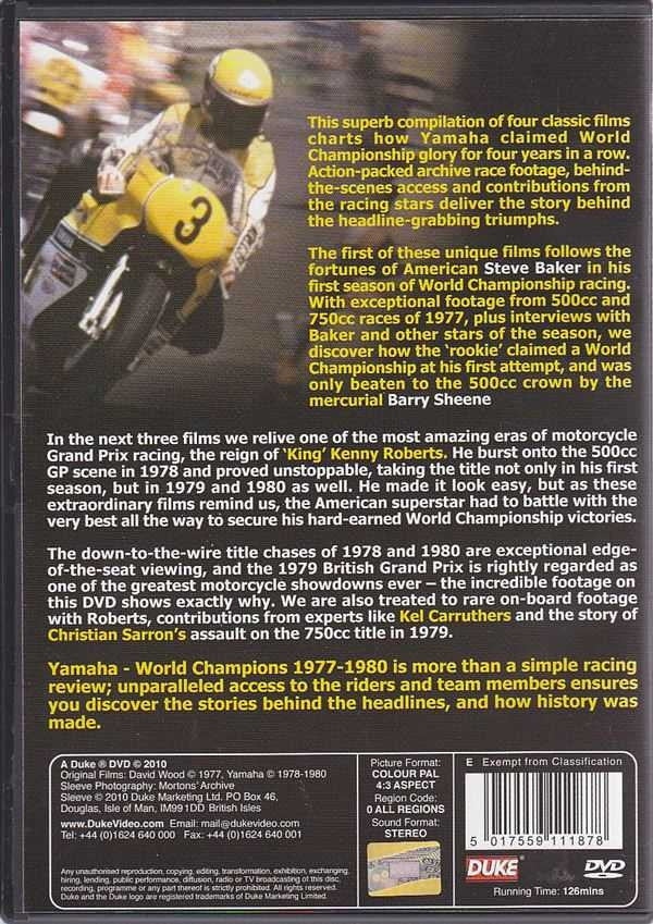 Motorsport DVD back cover with Yamaha racing text and riders, 1977–1980
