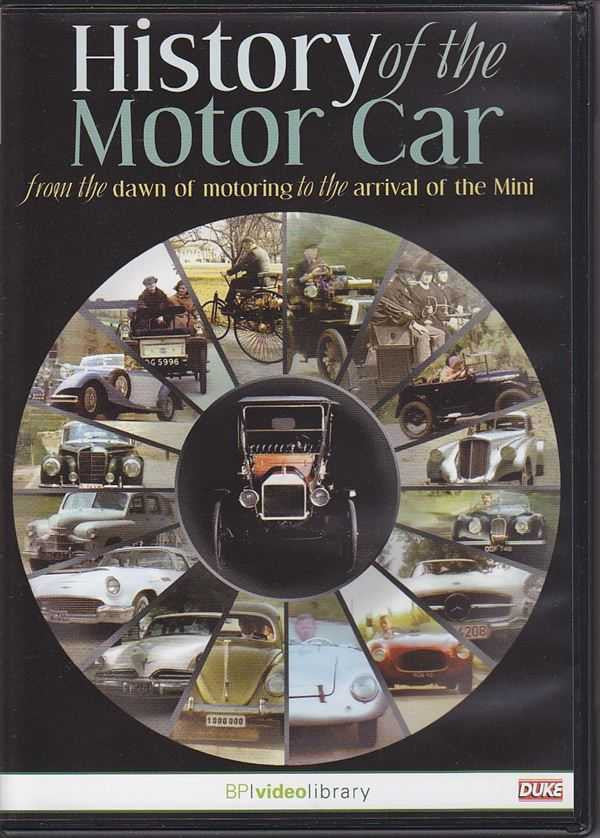 Motor car history DVD front cover with title and circular collage of classic cars