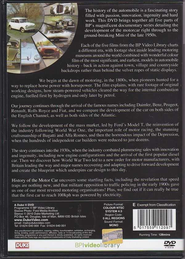 Motor car history DVD back cover with synopsis, specs, and barcode