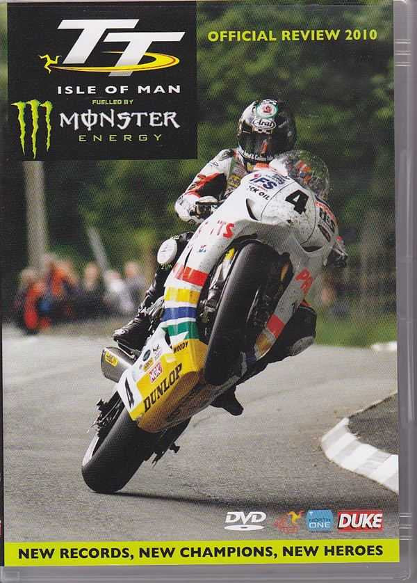 DVD cover with motorcycle racer on track, "Official Review 2010" title, Isle of Man TT