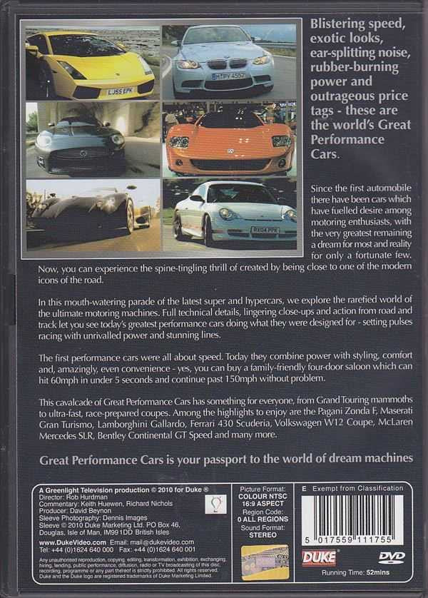 Great Performance Cars DVD back cover with multi-car photo collage and description text