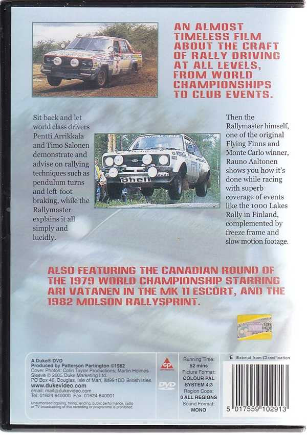 Rallymaster DVD back cover with rally car photos and synopsis text panels