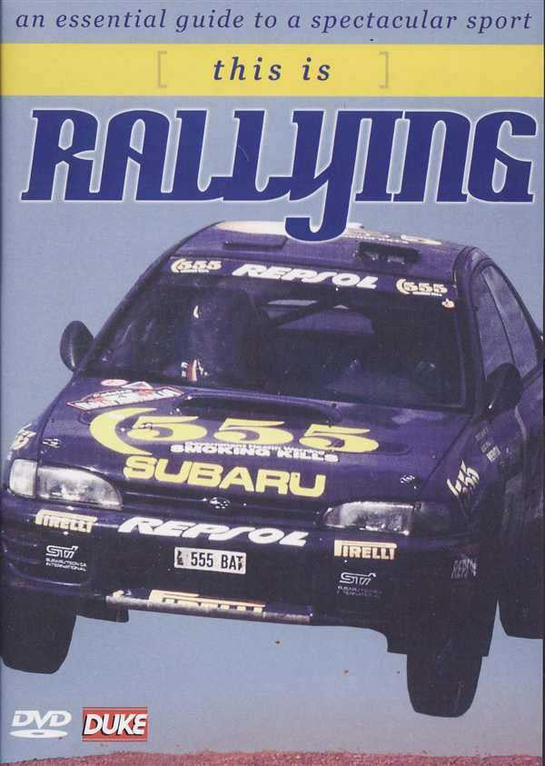 Racing DVD cover with blue Subaru rally car and large "Rallying" title