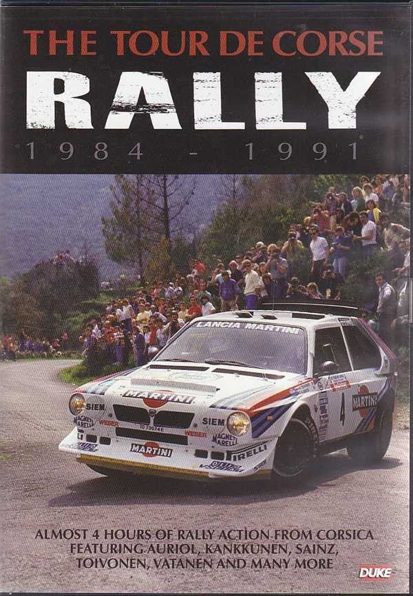 Rally DVD cover featuring Tour de Corse Rally 1984–1991 title and rally car on road