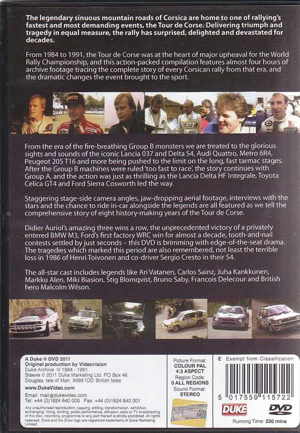 Rally DVD back cover with racing stills, technical details, and classification graphics