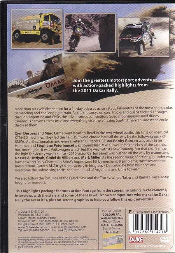 Rally DVD back cover with rally cars, event text, and DVD information box