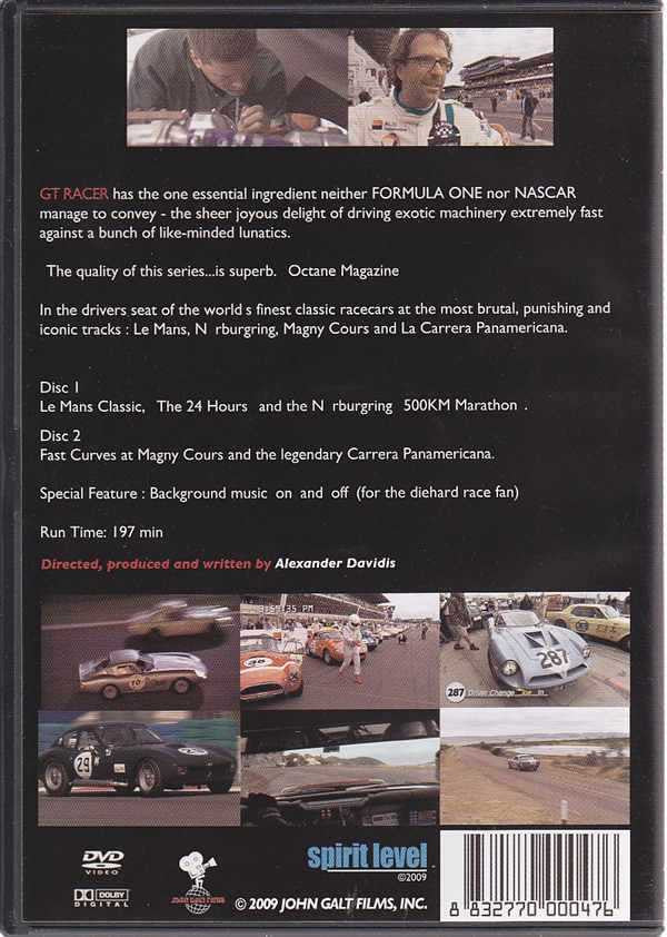 Racing DVD case back with synopsis and disc details plus car photo thumbnails